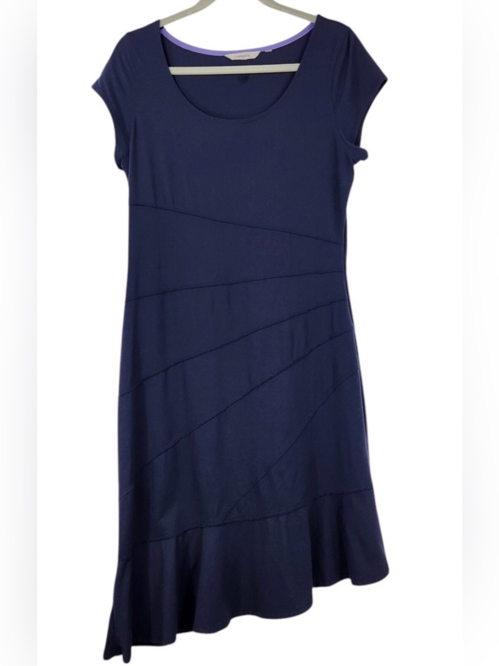 Athleta Navy Blue Dress L Athletic Flowy Pintuck Asymmetrical Ruffle Hem
